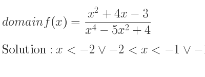 The domain of f(x)=(x^2+4x-3)/(x^4-5x^2+4) is x<-2\lor-2<x<-1\lor-1<x<1\lor 1<x<2\lor x>2
